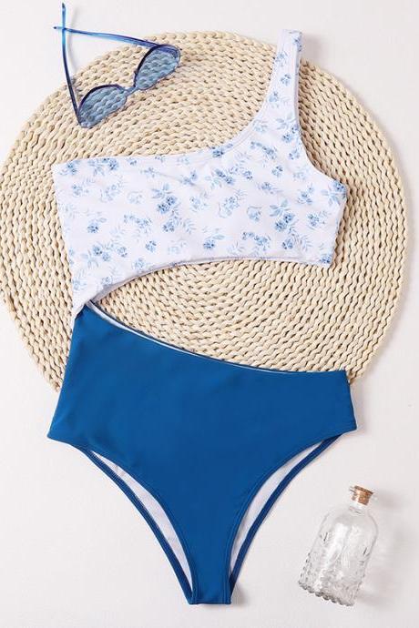 Summer Beach Swimwear Solid Color Printing Stitching One-piece Swimsuit Waist Hollow Ladies Swimwear
