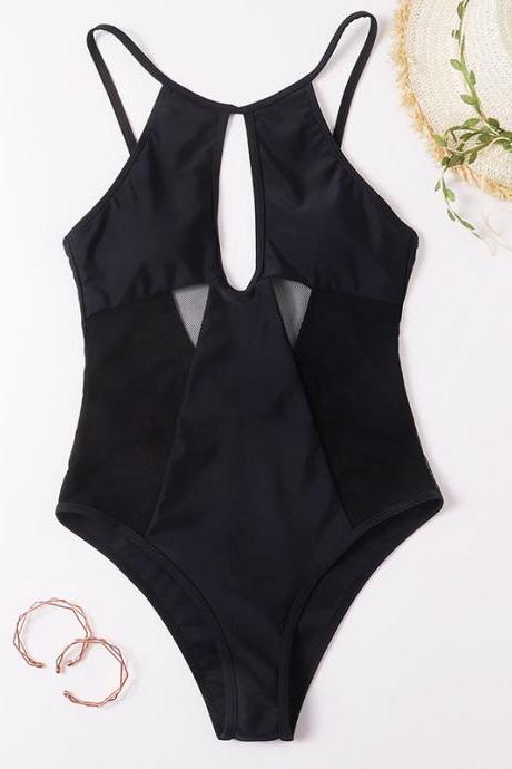 Summer Style Black Mesh Stitching Ladies Sexy One-piece Swimsuit