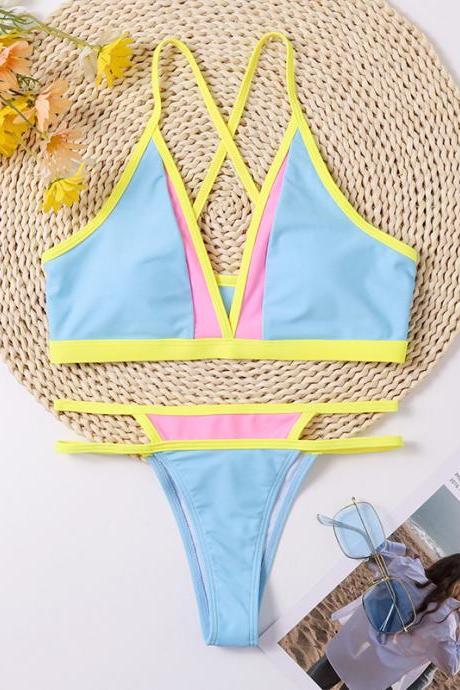 Summer new sexy women's split color matching shoulder strap cross bikini
