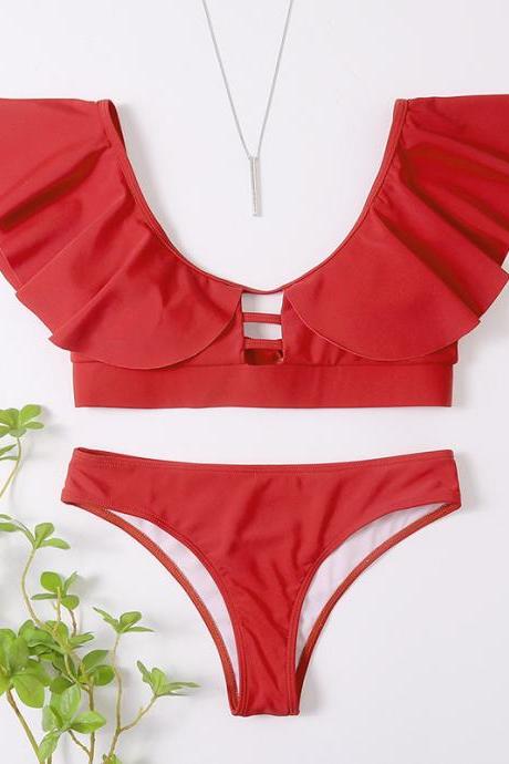 Two-piece Women's Sexy Swimsuit Ruffled Solid Color Tether Bikini