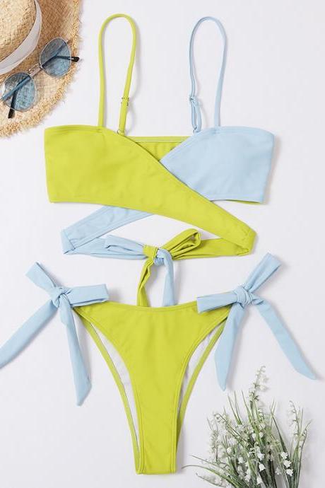 Summer new style cross lace swimsuit solid color matching color ladies bikini