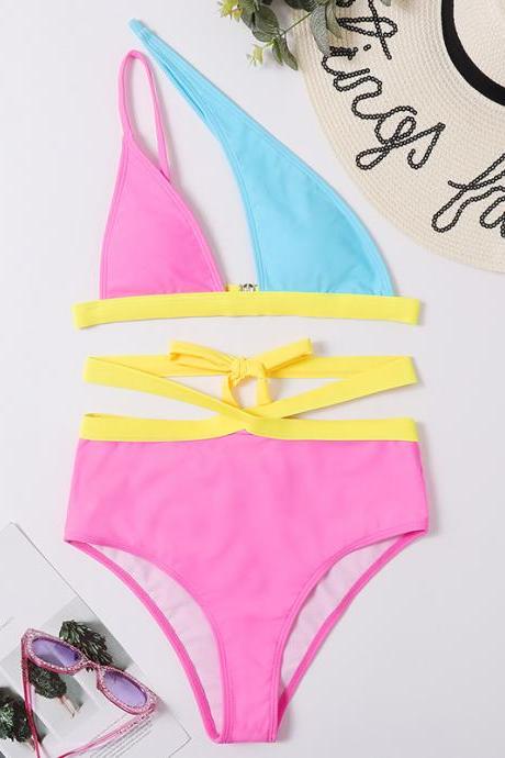 Women's Swimsuit Separated System Rope Color-blocking High Waist Bikini