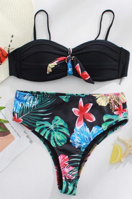 Summer Floral Print Women's Sexy Open Back Bikini Swimsuit