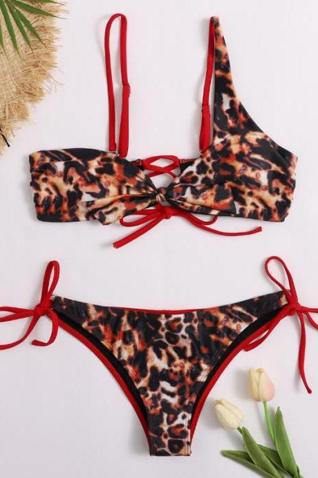 New sexy leopard print swimsuit split strap swimsuit two-piece suit