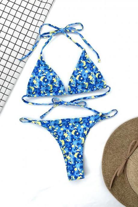 New ladies split swimsuit blue floral lace bikini