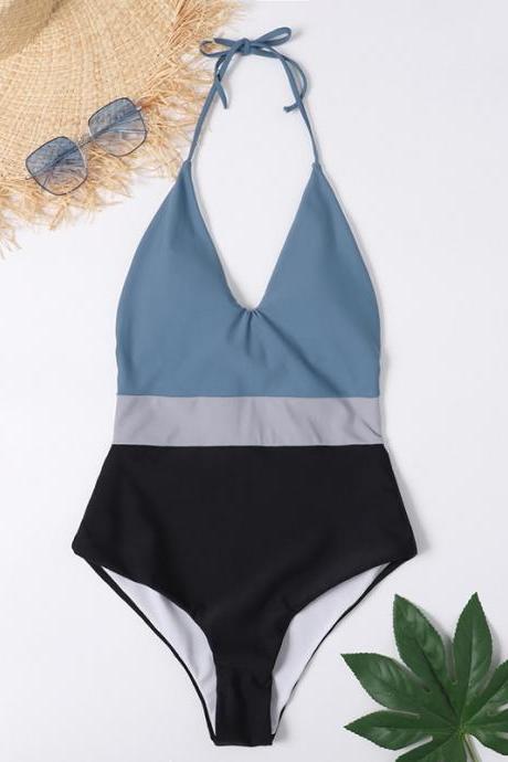 New women's one-piece solid color swimsuit color matching bikini