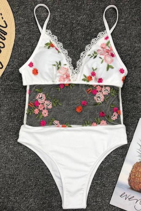 Women's Embroidered Floral One-piece Bikini Swimsuit