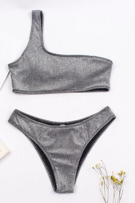 Women&amp;#039;s Diagonal Bikini Shiny Fabric Split Bikini Swimsuit