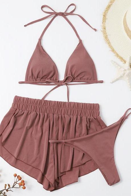 The Three-piece Suit With Chest Pad Women&amp;#039;s Split Solid Color Women&amp;#039;s Swimsuit Bikini