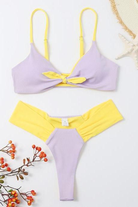 Women's Sexy Two-color Stitching Gathered Three-point Hip-lifting Slim Swimsuit Bikini