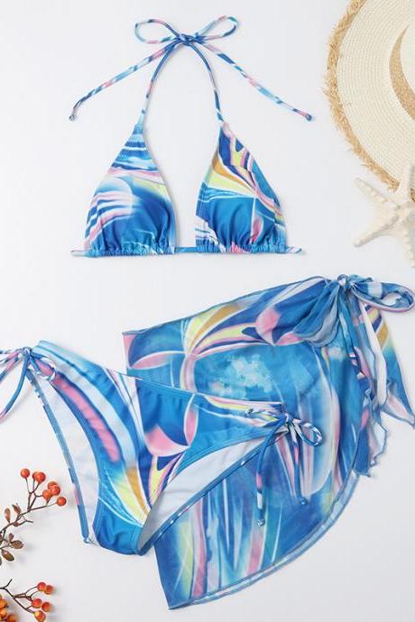 Women's Simple Sexy Blue Print Bikini Three-piece Suit