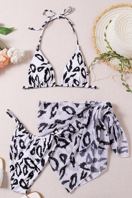 Sexy Women's Black And White Leopard Point Three-piece Bikini Swimsuit