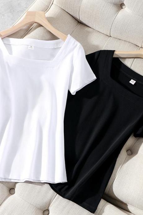 Summer Style Women's Square Neck Solid Color Pullover Short Sleeve T-shirt