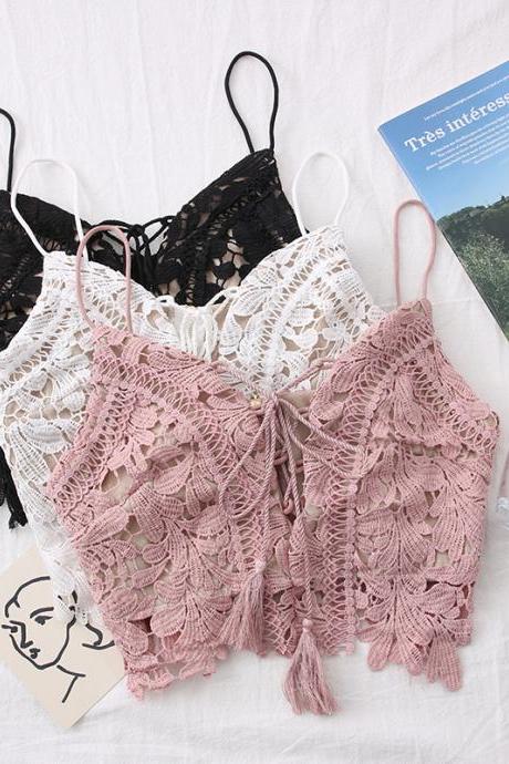 Summer Style Hollow Crochet Lace Cross Straps Tassels Camisole Short Style Female