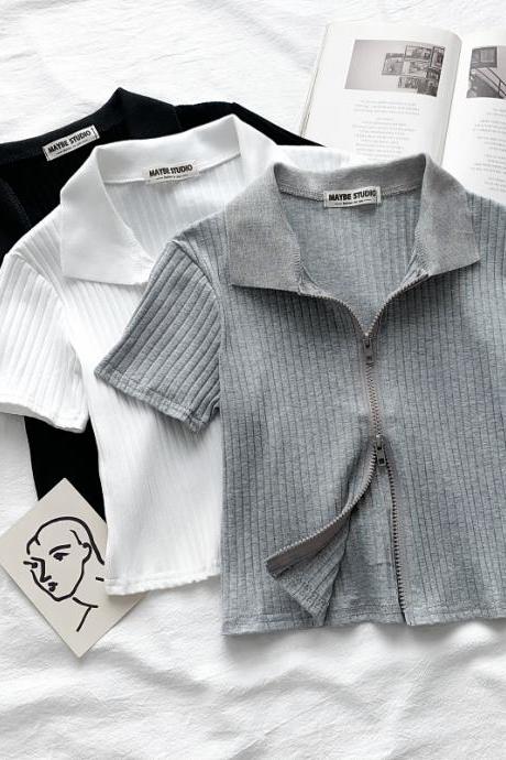 Summer new style Korean fashion all-match polo collar zipper design slim slim short-sleeved t-shirt top