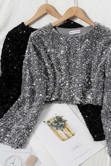 Women's Fashion Glitter Sequined Long-sleeved T-shirt