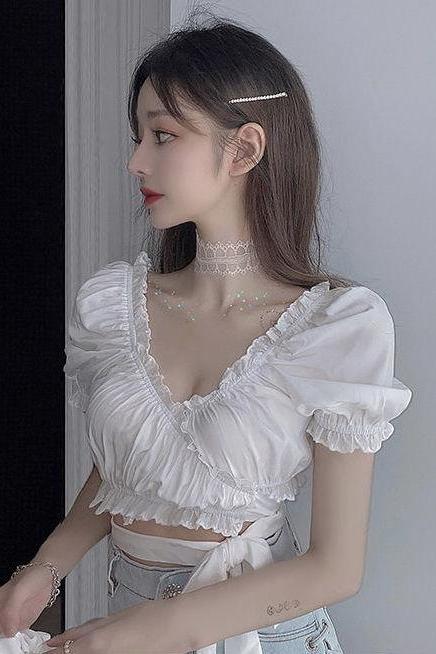 White Lace-up Puff-sleeved Shirt Short-sleeved V-neck Top