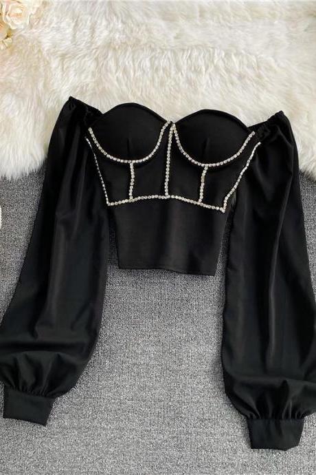 Sexy Diamond-studded Women&amp;#039;s Tube Top Shirt Fashion Square Neck Long-sleeved Top