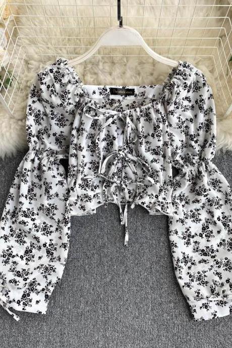 Women&amp;#039;s Puff Sleeve Lace-up Square Neck Short Floral Long Sleeve Top