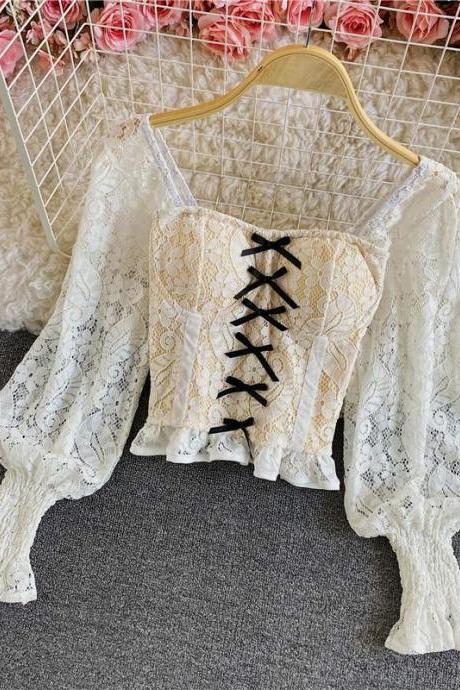 Women's Short Lace Shirt Square Neck Puff Sleeve Top