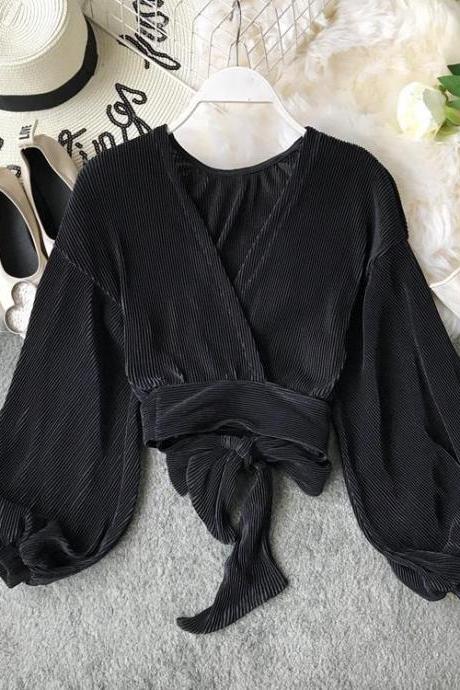 New V-neck pleated lace-up bow-knot slim-fit lantern sleeve crop top
