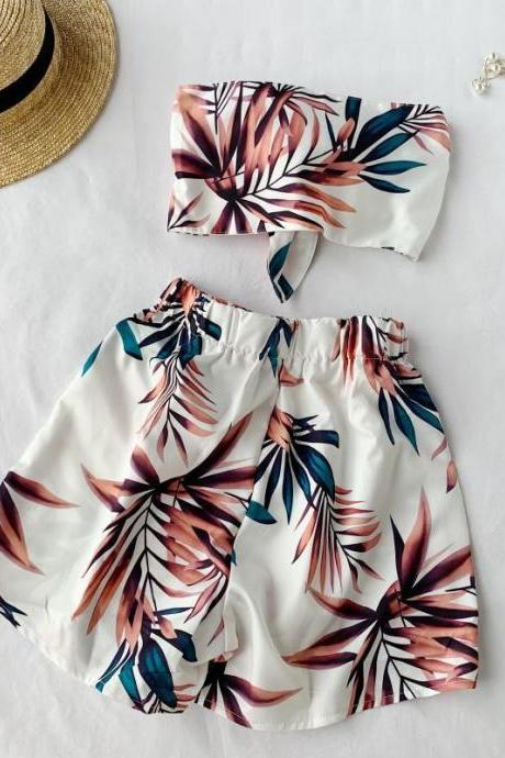 Leaf Print Sexy Tube Top Bow Short Top + Elastic Waist Wide-leg Shorts Two-piece Suit
