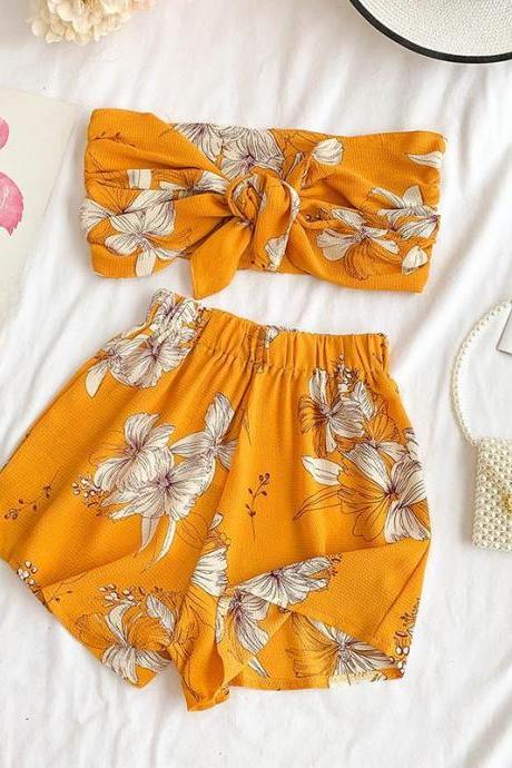Sexy tube top with chiffon print short knotted top high waist wide leg shorts suit two-piece
