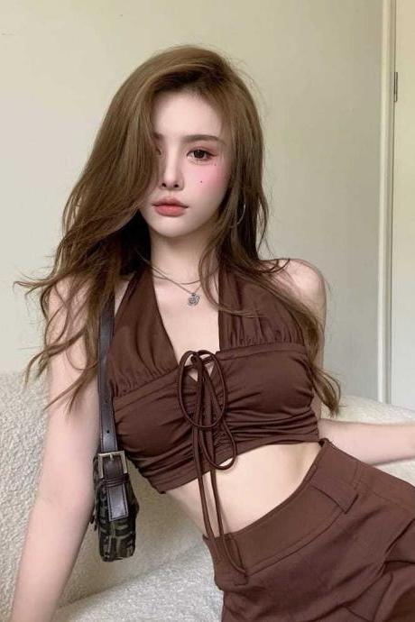 Summer Style Retro Short Bottoming Shirt Suspender Top Pleated Skirt Two-piece Suit