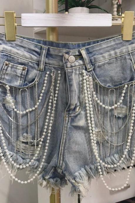 New women's denim shorts with fringed pearl pendant
