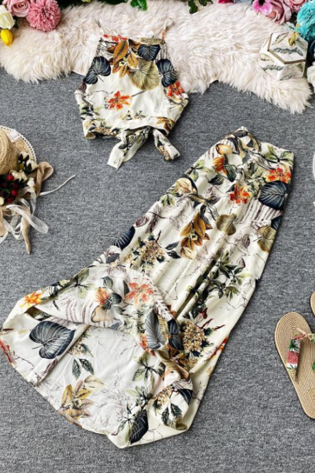 2021 Summer Fashion Print Suspender Vest Top + High Waist Skirt Two Piece Set