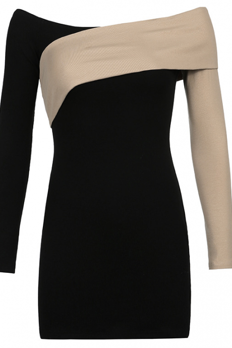 Women's patchwork contrast off shoulder long sleeve Hip Wrap Dress