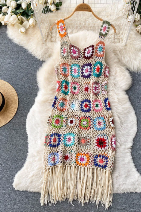 Amazing hookflower cut-out tassel vest dress summer women's small loose knit skirt