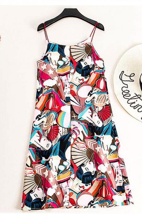 Beach skirt for seaside holiday Summer ladies' printed mid-length suspender dress