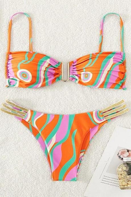 Sexy Bikini Set All-round Print Cut Bra U Button Swimwear