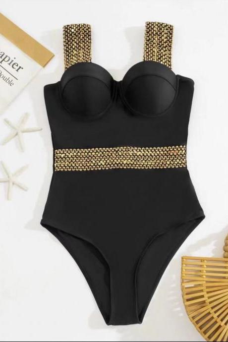 Black one-piece women's beach swimsuit