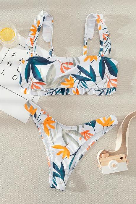 Women's Swimwear With Drawn Ruffles And Small Fleece Print For Foreign Trade