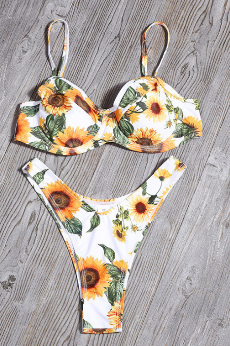 Sunflower Printed Bikini Women's Swimwear Sexy Split Swimwear