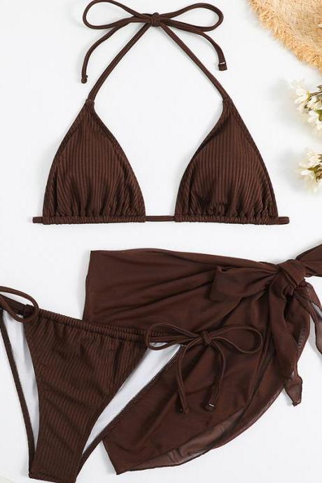 Solid Color Neck Strap Bikini Three Piece Set Foreign Trade High Waist Mesh Split Swimwear For Women