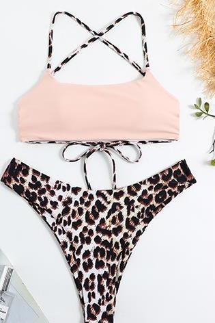 Split Swimwear Women&amp;#039;s Sexy Bikini Elastic Band Splice Leopard Print Open Back Strap High Waist