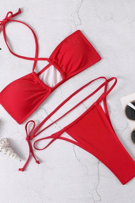 Bikini Solid Strap Split Beach Swimwear For Women