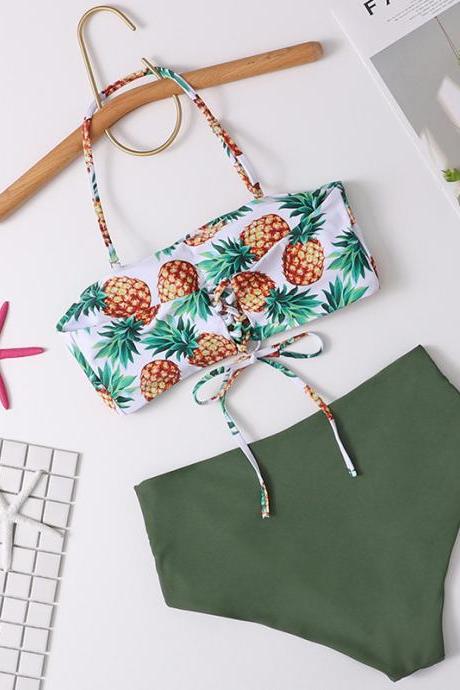 Pineapple Flower Strap Bikini Split Swimsuit High Waist Swimsuit