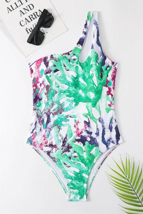 Multicolor coral print swimsuit sexy hollow out one shoulder one piece bikini size