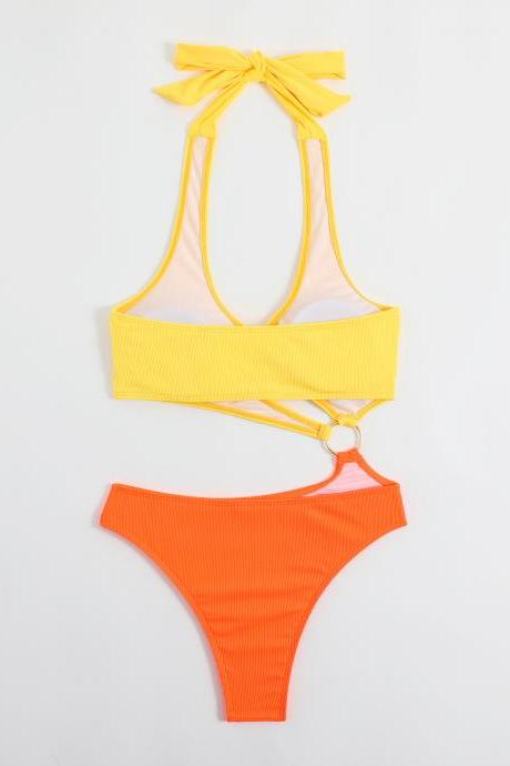 Women's swimsuit yellow orange color matching one piece swimsuit