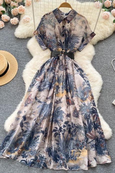 Elegant printed dress for women's summer new style with a slim waist and gentle style long skirt