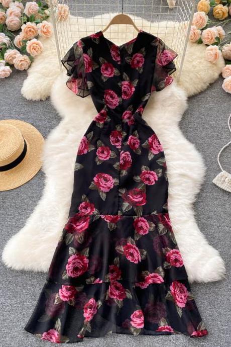 Chiffon printed dress with elegant ruffle edge fishtail dress for women