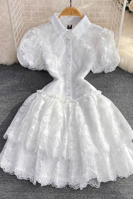 Lapel Single Breasted White Embroidered Bubble Sleeve A-line Cake Dress For Women