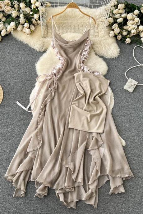 Design Sense Lace Ruffle Edge Sense Fairy Dress Women&amp;#039;s Waist Irregular Dress