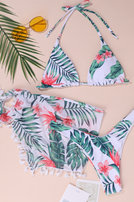 Sexy Backless Printed Two-piece Swimsuit Three-piece Halter Strappy Bikini