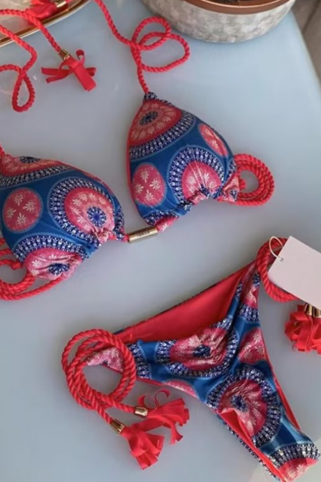 Cute Geometry Printing Two Pieces Bikinis Swimwear Bathsuit