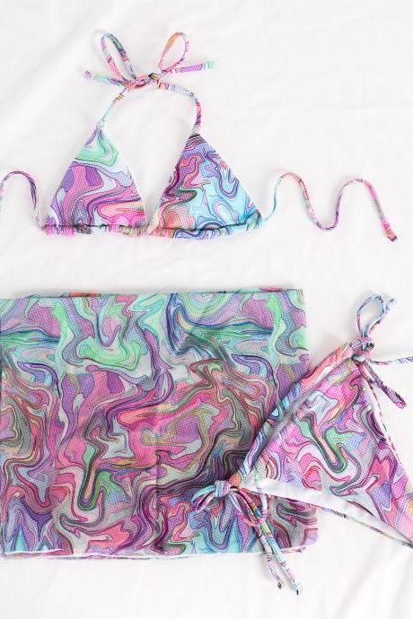 Sexy Lace-up Bikini Multi-color Print Three-piece